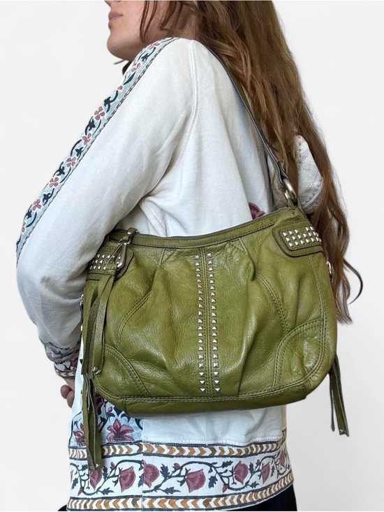 b. makowsky Handbags - B makowsky vintage rare green leather bag with studs and fringe